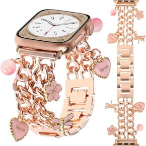 Stylish Wristband Compatible with Apple Watch Band 38mm 40mm 41mm 42mm 44mm 45mm 49mm, Cowboy Chain Strap with Charms Pendants for iWatch Series Ultra 9 8 7 6 5 4 3 2 1 SE