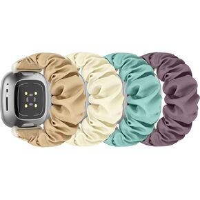 Scrunchie Bands Compatible with Fitbit Sense/Sense 2 / Versa 3 / Versa 4 for Women,4 Pack Elastic Nylon Scrunchy Replacement Strap Soft Stretchy Wristband for Fitbit Versa 3 Smart Watch