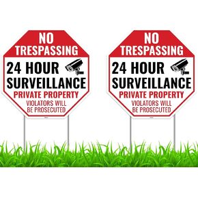 2PC Video Surveillance Sign with Stake, 13 Inches by 13 Inches - Corrugated Plastic - Warning Home Security Signs for Outdoor Yard - No Trespassing Private Property