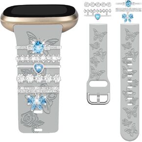 Watbro Floral Engraved Band and Decorative Rings Loops Compatible with Fitbit Sense/Sense 2/Versa 3/Versa 4 Bands Women,Silicone Replacement Band for Fitbit Sense/Sense 2/ Versa 4/ Versa 3 Smartwatch