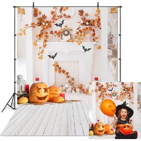 Avezano Halloween Photography Backdrop Fall Maple Leaves Autumn Pumpkin White Fireplace Bat Photoshoot Background Autumn Baby Child Portrait Photographic Backdrops for Photo Studio Photocall (5x7ft)