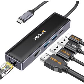 USB C Hub for Laptop, iDsonix 5 in 1 USB Hub with 4K HDMI, PD 100W, 2 USB 2.0, Gigabit Ethernet for MacBook Pro/Air, XPS, Type-C Devices and More