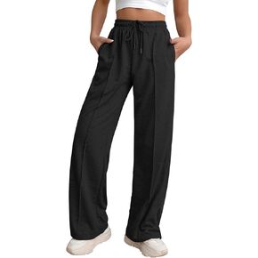 GUOLEZEEV بنطال رياضي نسائي واسع الساق سروال رياضي بخصر مطاطي برباط فضفاض مناسب للعرق وردي فاقع L in Kuwait