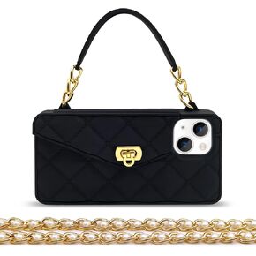 Omio for iPhone 13 Handbag Case with Flip Card Holder Wrist Lanyard Strap Soft Silicone Cover for iPhone 13 Wallet Case for Women Luxury Stylish Long Pearl Crossbody Chain Case Black