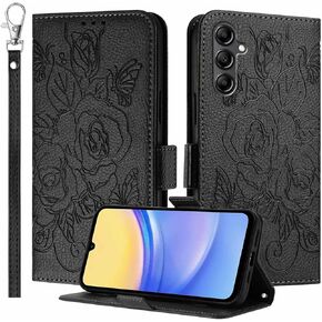 JanCalm for Galaxy A15 5G Phone Case Wallet,[RFID Blocking][Card Cash Slots][Wrist Strap] Floral Butterfly Cute Pattern Leather Protective Stand Flip Cases Cover for Samsung A15 (Red)