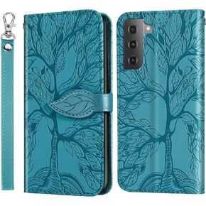 for Samsung Galaxy S22 5G Wallet Case, Embossed Tree Premium PU Leather [Kickstand] [Card Slots] [Wrist Strap] [6.1 inch] Phone Cover for Samsung S22 (B1-Black)