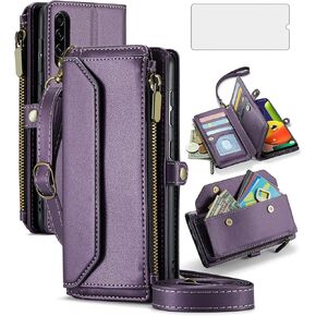 Asuwish Phone Case for Samsung Galaxy A50 A50S A30S Zipper Wallet Cover with Tempered Glass Screen Protector and Flip RFID Blocking Card Holder Cell A 50 50S 30S S50 50A SM A505G Women Girls Purple