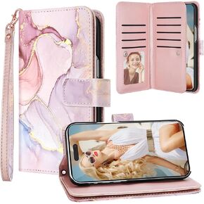 Fingic iPhone 14 Pro Case Wallet Rose Gold Marble 9 حامل بطاقات من جلد البولي يوريثان إغلاق مغناطيسي قابل للفصل حافظة محفظة بحزام معصم للنساء والفتيات حافظة هاتف لهاتف iPhone 14 Pro 5G (6.1 بوصة)، 2022 in Kuwait