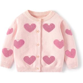 Cute Baby Girls Hearts Knit Cardigan Sweater, Toddler Loose Long Sleeve Shirts Warm Tops for Fall Winter Love Design