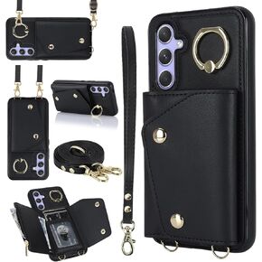 UEEBAI Crossbody Wallet Case for Samsung Galaxy A54 5G, Card Slot Phone Case with Zipper Pocket Kickstand Purse Hand Strap Cover with Removable Crossbody Wrist Strap Flip Case - Black