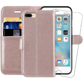 MONASAY Wallet Case Compatible for iPhone 8 Plus, iPhone 7 Plus, [Glass Screen Protector][RFID Blocking] Flip Folio Leather Cell Phone Cover with Credit Card Holder,5.5 inch, Burgundy