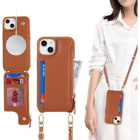 iPhone 14 Plus Case with Zipper Card Holders and Strap for Women, iPhone 14 Plus Phone Case Wallet Compatible PU Leather Button Flip Shockproof Wallet Case for iPhone 14 Plus-Brown