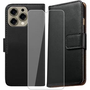حافظة محفظة لـ Doogee N55 (6.56 بوصة) + [عبوة واحدة] واقي شاشة من الزجاج المقسى، غطاء هاتف خلوي من الجلد القابل للطي مع حامل بطاقة الائتمان مضاد للخدش × حافظة مضادة للانزلاق لـ Doogee N55 - أسود