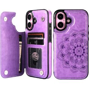 Vaburs Compatible with iPhone 16 Case Wallet with Card Holder, Embossed Mandala Pattern Flower PU Leather Double Buttons Flip Shockproof Cover for Magnetic Car Mount 6.1 Inch (Dark Green)
