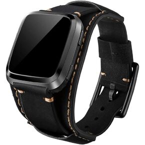 Compatible with Fitbit Versa/Versa 2/Versa Lite/Versa Special Edition Bands, Genuine Leather Cuff Bracelet Replacement Strap Compatible Fitbit Versa Smart Watch for Men Women (Black)