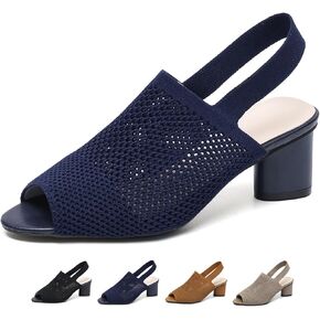 Women's Knit Peep Toe Chunky Block Heeled Sandals with Ankle Strap Fashion Hollow Pointed Toe Elastic Slingback Slip On High Heels Summer Casual Work Office Wedding Dressy Pumps