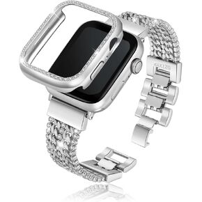 Crystals and Cowboy Metal Chains Compatible for Apple Watch Bracelet Bands with Bling Protective Case 38mm 40mm 41mm 42mm 44mm 45mm Iwatch Series 8 7 6 5 4 3 2 1 SE for Women Dressy