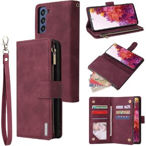 LBYZCASE for Samsung Galaxy S21 FE 5G Case with Card Holder,Durable Luxury Magnetic Folio Flip Leather Zipper Pocket Wrist Strap Kickstand Women Men for Samsung Galaxy S21 FE(Wine Red)