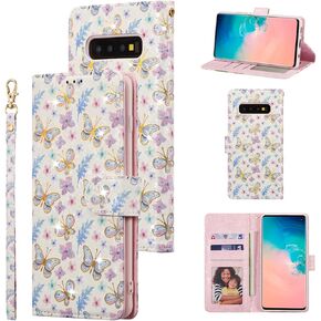 UEEBAI Wallet Case for Samsung Galaxy S10, PU Leather Phone Case Kickstand RFID Blocking Flip Case with Card Slots Wrist Strap Relief Engraved Pattern Magnetic Closure Folio Case - Butterfly