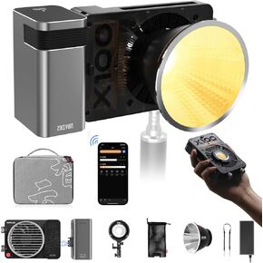 Zhiyun Molus X100 COMBO 100 واط LED فيديو ضوء 2700K ~ 6500K ضوء استوديو مع شبكة بلوتوث للتحكم في تطبيق ضوء الجيب المحمول TLCI 97+W/حلقة محول تركيب Bowens، بطارية قبضة قابلة للفصل، أضواء استوديو