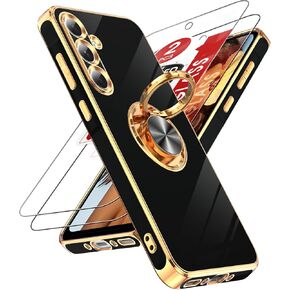 LeYi for Samsung Galaxy A36-5G Case: with 2 Pack Tempered Glass Screen Protector and 360° Rotatable Ring Holder Magnetic Kickstand, Plating Rose Gold Edge for A36 5G Case, Purple