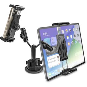 Heavy Duty Dual Tablet Holder for Car/Truck [Metal Arm] Dashboard Windshield Double Tablet Mount for Car, Vehicle Dash Suction Tablet Stand for iPad Pro/Air/iPhone, 5.5-15.6" Tablets Phone
