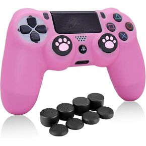 Pink Controller Skin Silicone Grip Protective Case for PS4/Slim/Pro Controller with 8 Thumb Grips Caps + 2 Cute Pink Cat Paw Thumb Grips Caps.
