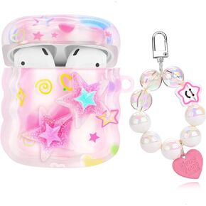 Cute AirPods Case with Love Pendant Colorful Round Bead Keychain, Glitter 3D Stars Design Soft Protective Cover Compatiable with AirPods 2nd & 1st Generation Case