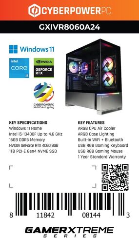CyberPowerPC Gamer Xtreme VR Gaming PC, Intel Core i5-14400F 2.5GHz, GeForce RTX 4060 8GB, 16GB DDR5, 2TB PCIe Gen4 SSD, WiFi Ready & Windows 11 Home (GXIVR8060A20) in Saudi Arabia