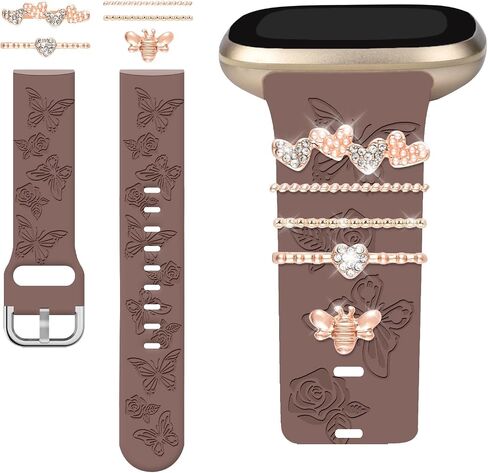 Watbro Floral Engraved Band and Decorative Rings Loops Compatible with Fitbit Sense/Sense 2/Versa 3/Versa 4 Bands Women,Silicone Replacement Band for Fitbit Sense/Sense 2/ Versa 4/ Versa 3 Smartwatch in Saudi Arabia