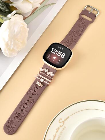 Watbro Floral Engraved Band and Decorative Rings Loops Compatible with Fitbit Sense/Sense 2/Versa 3/Versa 4 Bands Women,Silicone Replacement Band for Fitbit Sense/Sense 2/ Versa 4/ Versa 3 Smartwatch in Saudi Arabia