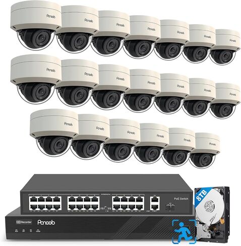 نظام كاميرا أمان 32 قناة، 20 × 5 ميجابكسل سلكية IK10 كاميرات IP PoE مقاومة للتخريب في الهواء الطلق مع اكتشاف الإنسان بالذكاء الاصطناعي، ميكروفون مدمج، وصول عن بعد، 4K 32CH NVR 8 تيرابايت HDD، PD54A2032-5M in Kuwait