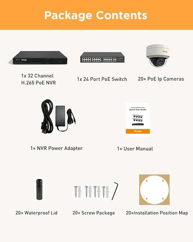 نظام كاميرا أمان 32 قناة، 20 × 5 ميجابكسل سلكية IK10 كاميرات IP PoE مقاومة للتخريب في الهواء الطلق مع اكتشاف الإنسان بالذكاء الاصطناعي، ميكروفون مدمج، وصول عن بعد، 4K 32CH NVR 8 تيرابايت HDD، PD54A2032-5M in Kuwait