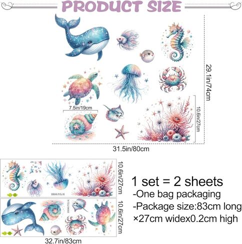 ملصقات حائط تحت البحر، أسماك المحيط الأزرق، سلحفاة الحيتان، ملصقات جدارية كرتونية قابلة للإزالة تحت الماء لغرف نوم الأطفال، غرفة المعيشة، ديكور مخلوقات المحيط بألوان مائية in Kuwait