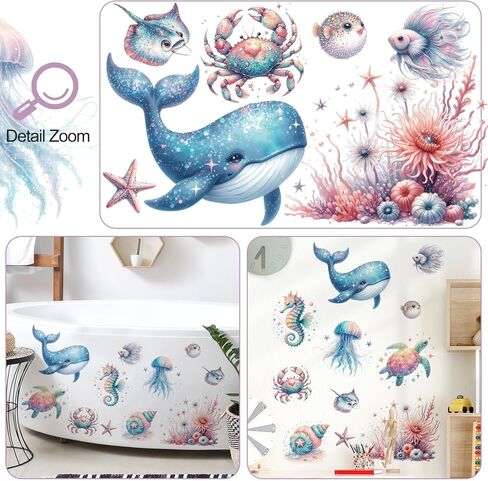ملصقات حائط تحت البحر، أسماك المحيط الأزرق، سلحفاة الحيتان، ملصقات جدارية كرتونية قابلة للإزالة تحت الماء لغرف نوم الأطفال، غرفة المعيشة، ديكور مخلوقات المحيط بألوان مائية in Kuwait