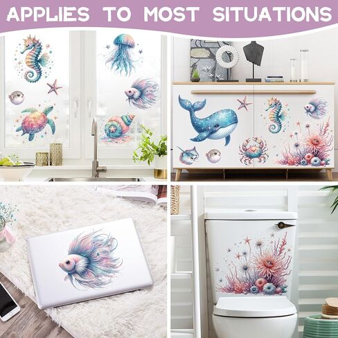 ملصقات حائط تحت البحر، أسماك المحيط الأزرق، سلحفاة الحيتان، ملصقات جدارية كرتونية قابلة للإزالة تحت الماء لغرف نوم الأطفال، غرفة المعيشة، ديكور مخلوقات المحيط بألوان مائية in Kuwait