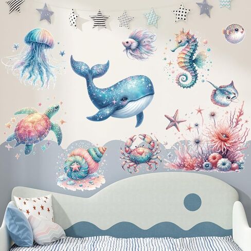 ملصقات حائط تحت البحر، أسماك المحيط الأزرق، سلحفاة الحيتان، ملصقات جدارية كرتونية قابلة للإزالة تحت الماء لغرف نوم الأطفال، غرفة المعيشة، ديكور مخلوقات المحيط بألوان مائية in Kuwait