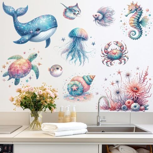 ملصقات حائط تحت البحر، أسماك المحيط الأزرق، سلحفاة الحيتان، ملصقات جدارية كرتونية قابلة للإزالة تحت الماء لغرف نوم الأطفال، غرفة المعيشة، ديكور مخلوقات المحيط بألوان مائية in Kuwait