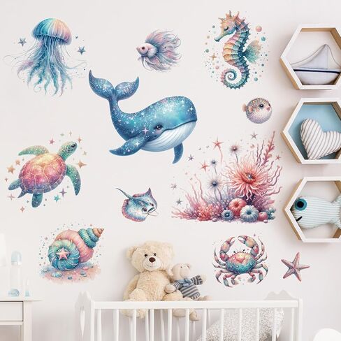 ملصقات حائط تحت البحر، أسماك المحيط الأزرق، سلحفاة الحيتان، ملصقات جدارية كرتونية قابلة للإزالة تحت الماء لغرف نوم الأطفال، غرفة المعيشة، ديكور مخلوقات المحيط بألوان مائية in Kuwait