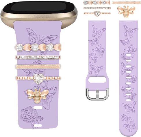 Watbro Floral Engraved Band and Decorative Rings Loops Compatible with Fitbit Sense/Sense 2/Versa 3/Versa 4 Bands Women,Silicone Replacement Band for Fitbit Sense/Sense 2/ Versa 4/ Versa 3 Smartwatch in Saudi Arabia