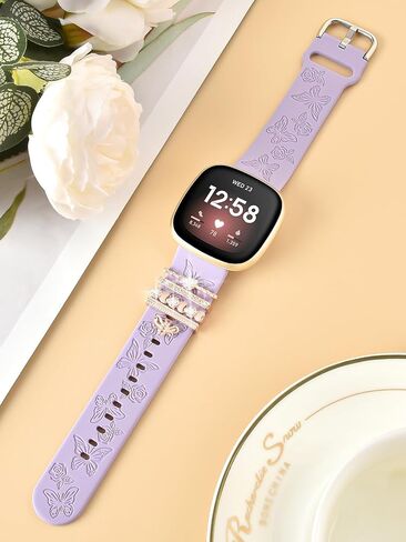 Watbro Floral Engraved Band and Decorative Rings Loops Compatible with Fitbit Sense/Sense 2/Versa 3/Versa 4 Bands Women,Silicone Replacement Band for Fitbit Sense/Sense 2/ Versa 4/ Versa 3 Smartwatch in Saudi Arabia