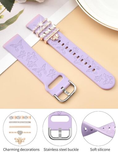 Watbro Floral Engraved Band and Decorative Rings Loops Compatible with Fitbit Sense/Sense 2/Versa 3/Versa 4 Bands Women,Silicone Replacement Band for Fitbit Sense/Sense 2/ Versa 4/ Versa 3 Smartwatch in Saudi Arabia
