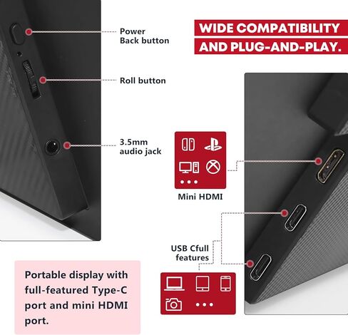 18.5" Portable Monitor 1080P Gaming Monitor Ultra-Slim IPS, for Laptop Desktop Phones, Tablet, PS5/4, Xbox, for Switch Display w HDR Plug Play Built-in Speaker with/Bracket Support in Saudi Arabia