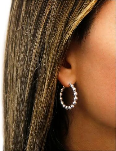 Sterling Silver Bead Ball Hoop Earrings, Beaded Hoop Earrings For Women- Silver Bead Hoop Earring For Women, 925 Sterling Silver bead Earring, Sterling Silver Hoop Earrings in Kuwait