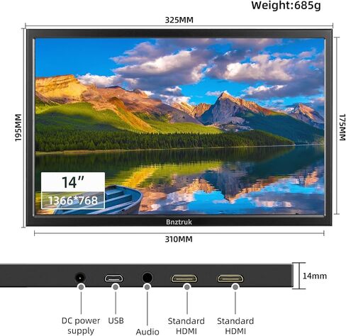 شاشة HDMI محمولة مقاس 14 بوصة، شاشة خارجية صغيرة مع واجهة HDMI مزدوجة لأجهزة الكمبيوتر المحمول Raspberry pi PS4، كمبيوتر Microsoft Win OS، شاشة عرض ملونة 1366 × 768، 16:9 in Saudi Arabia