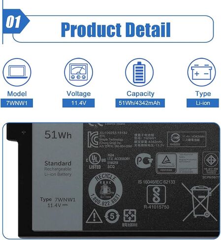 بطارية كمبيوتر محمول Dentsing 7WNW1 متوافقة مع Dell Latitude 7424 5424 5420 Rugged Extreme Series Notebook DMF8C 0DMF8C 0DMF8C DMF8C GK3D3 0GK3D3 07WNW1 11.4V 51Wh/4342mAh 3-Cell in Saudi Arabia