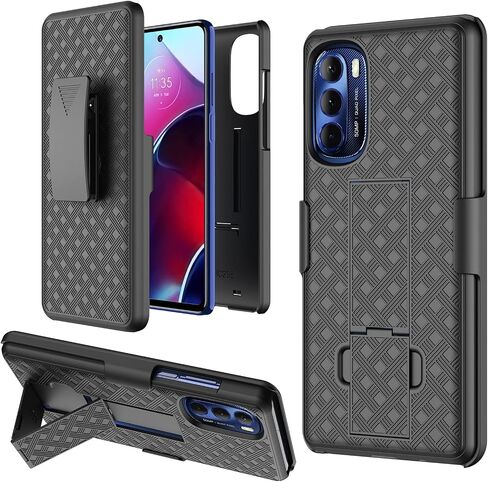 حافظة Galaxy A13 5G مع مسند ومشبك حزام، درع عالي التحمل مقاوم للصدمات ونمط منسوج متين غطاء هاتف من البلاستيك الصلب لهاتف Samsung Galaxy A13 5G 6.5" 2021، أسود in Kuwait