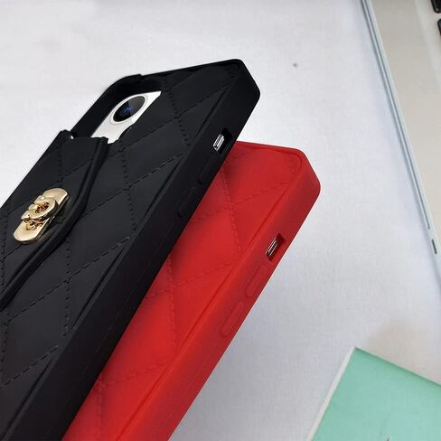 Omio for iPhone 13 Handbag Case with Flip Card Holder Wrist Lanyard Strap Soft Silicone Cover for iPhone 13 Wallet Case for Women Luxury Stylish Long Pearl Crossbody Chain Case Black in Saudi Arabia