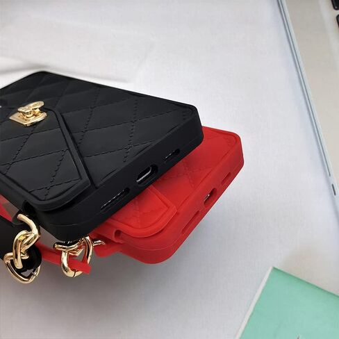 Omio for iPhone 13 Handbag Case with Flip Card Holder Wrist Lanyard Strap Soft Silicone Cover for iPhone 13 Wallet Case for Women Luxury Stylish Long Pearl Crossbody Chain Case Black in Saudi Arabia