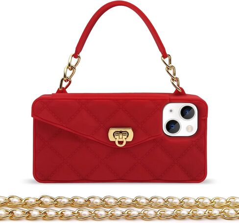 Omio for iPhone 13 Handbag Case with Flip Card Holder Wrist Lanyard Strap Soft Silicone Cover for iPhone 13 Wallet Case for Women Luxury Stylish Long Pearl Crossbody Chain Case Black in Saudi Arabia